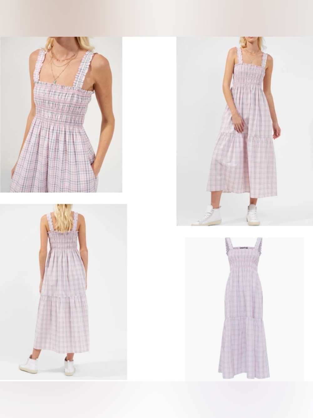 NWT | French Connection | Pink & Grey Check Smocked Midi Sun Dress | Size Large